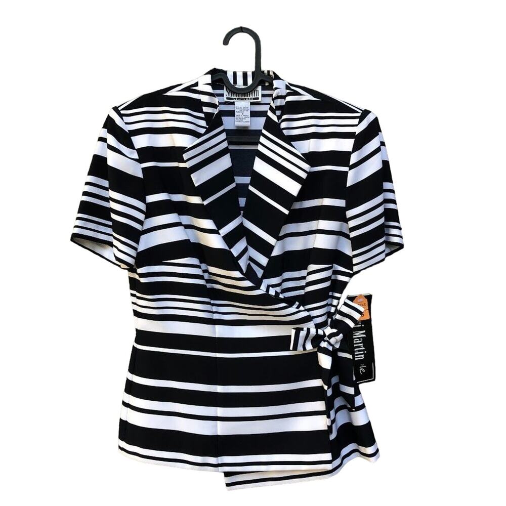 Sheri Martin Stripe Short Sleeve Tie Wrap Blazer Jacket 8 NEW
